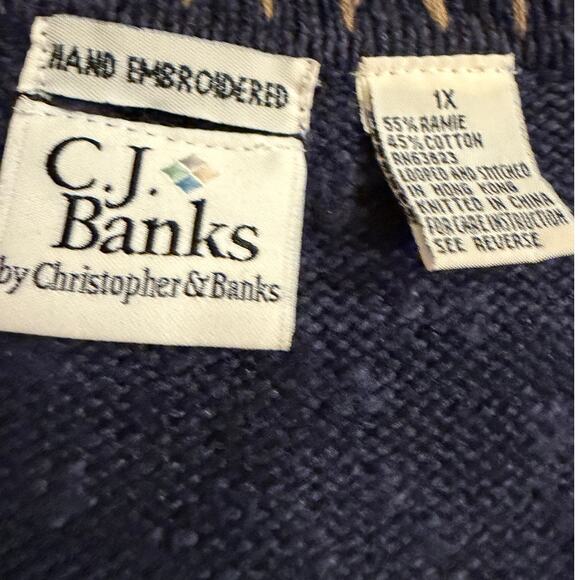 Vintage CJ Banks 1X Hand Embroidered Ramie Cotton Sweater Vest Navy Fall Leaves - Picture 2 of 2
